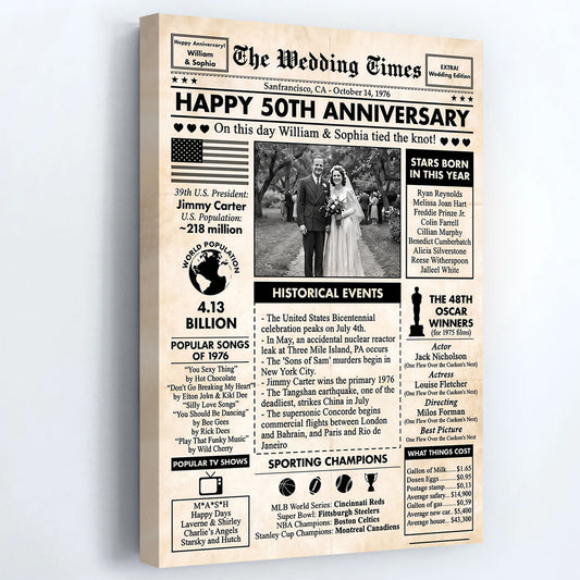 The Wedding Times Personalized 50th Anniversary Newspaper Canvas / Poster - Custom Photo Gift for Couples
