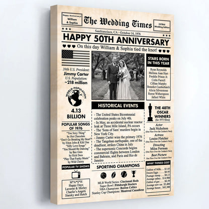 The Wedding Times Personalized 50th Anniversary Newspaper Canvas / Poster - Custom Photo Gift for Couples