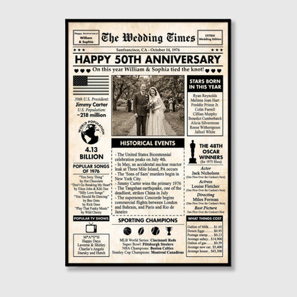 The Wedding Times Personalized 50th Anniversary Newspaper Canvas / Poster - Custom Photo Gift for Couples