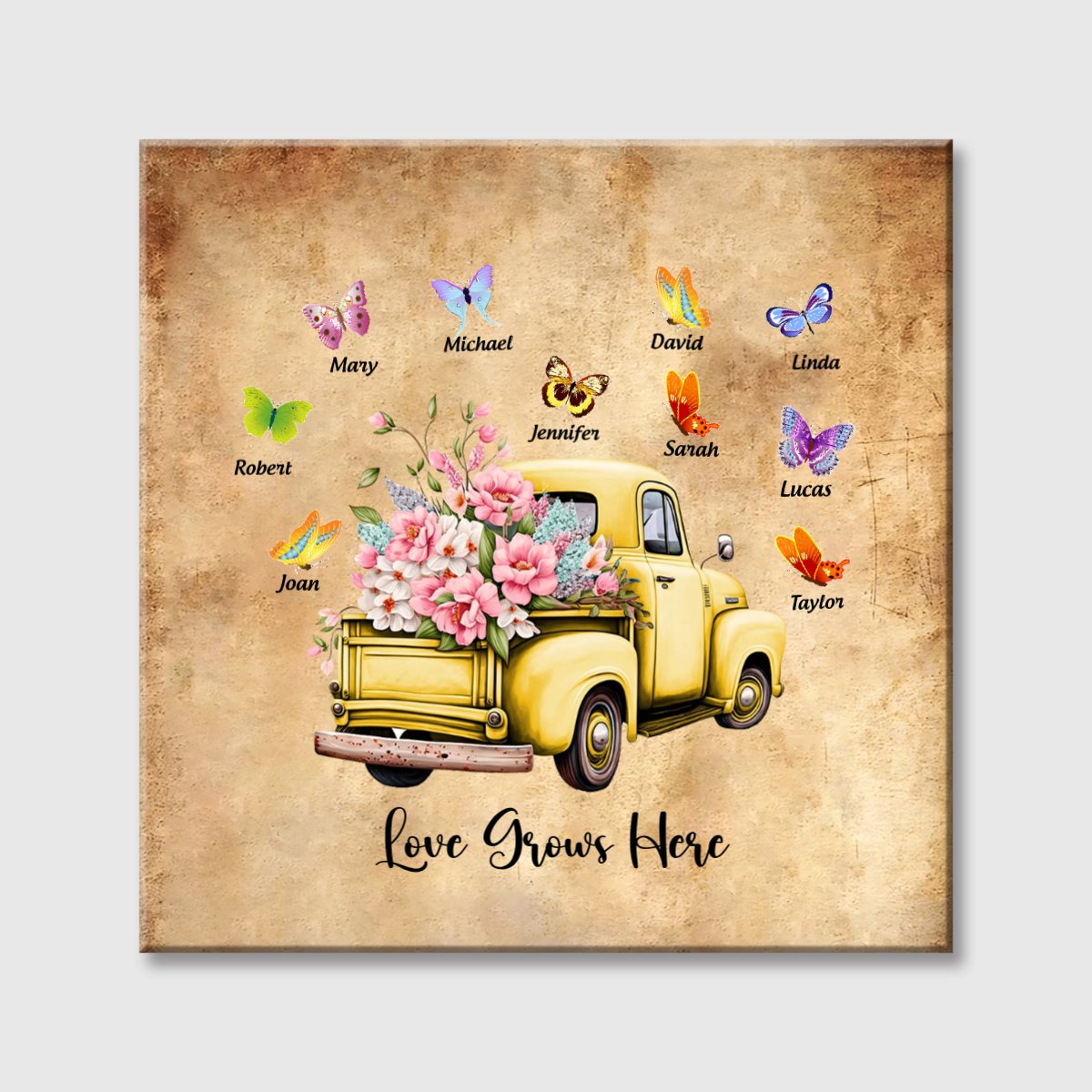 Personalized Pink Floral Butterflies Truck Square Canvas - Custom Gift for Grandma