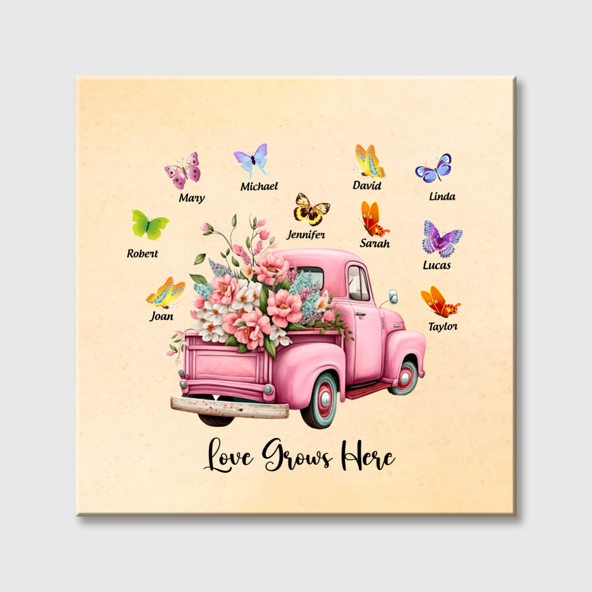 Personalized Pink Floral Butterflies Truck Square Canvas - Custom Gift for Grandma