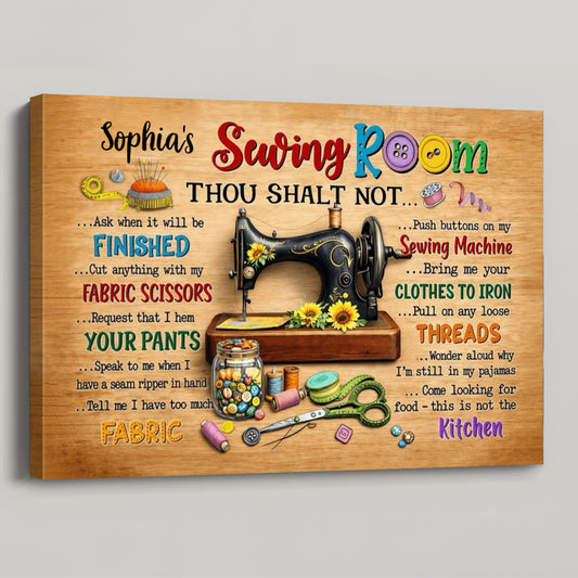 Personalized sewing room canvas print with vintage sewing machine design and custom rules for mom or grandma