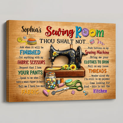 Personalized sewing room canvas print with vintage sewing machine design and custom rules for mom or grandma