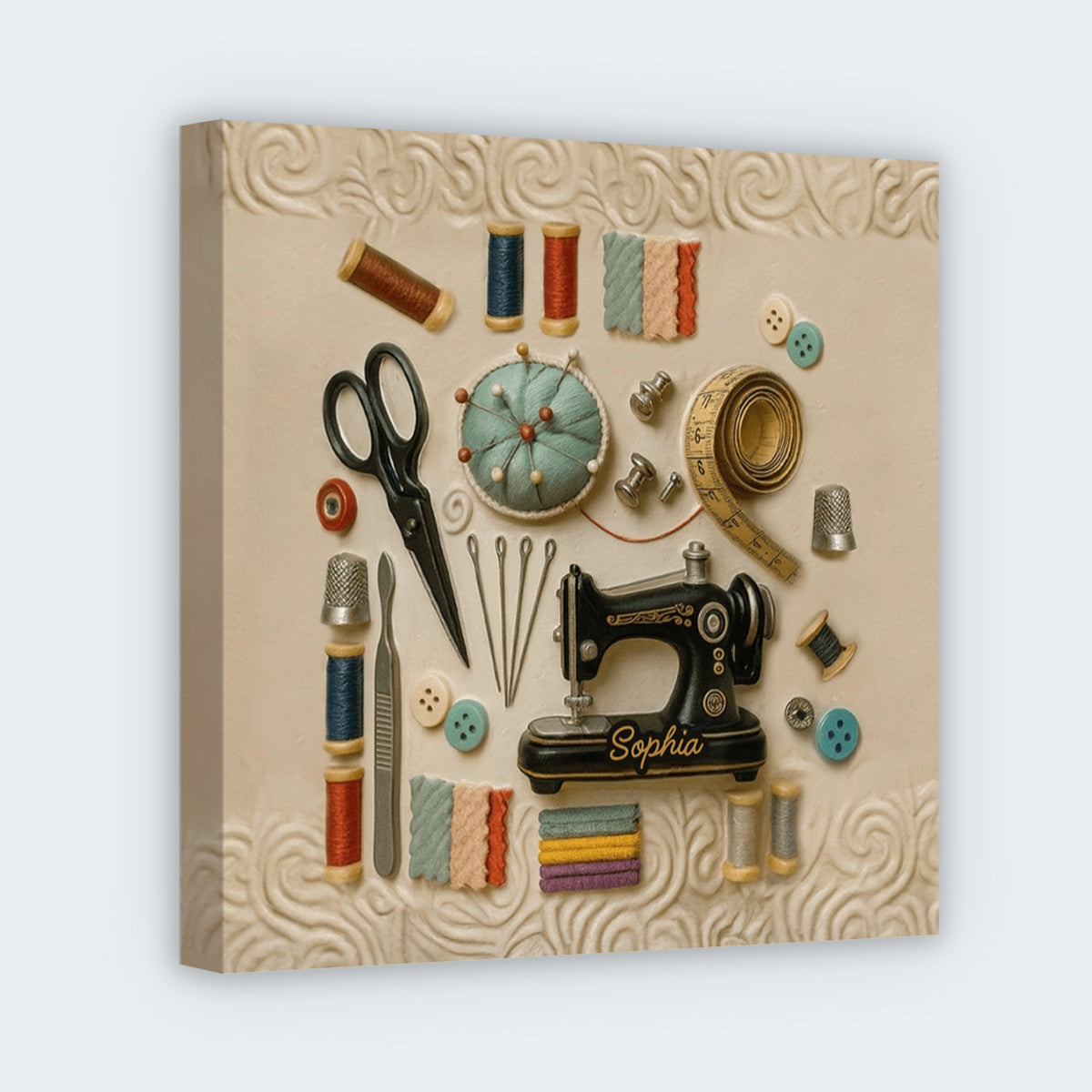Personalized seamstress gift canvas featuring a vintage sewing machine, threads, and custom name text for crafting rooms.
