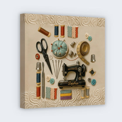 Personalized seamstress gift canvas featuring a vintage sewing machine, threads, and custom name text for crafting rooms.