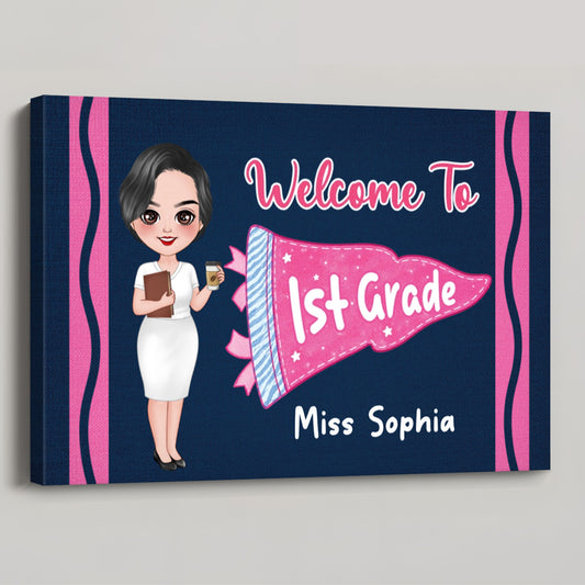 Personalized teacher classroom canvas featuring custom character and Welcome to 1st Grade banner text