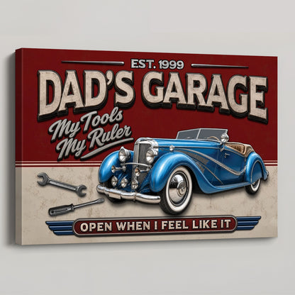 Personalized Dad's Garage vintage canvas print featuring retro cars, motorcycles, and tools style wall art for Grandpa
