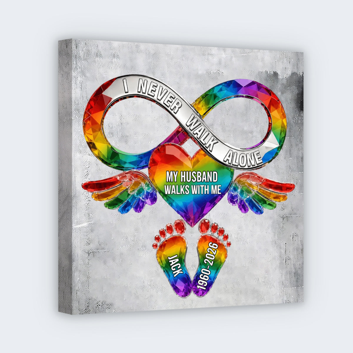 Personalized husband memorial canvas featuring infinity rainbow ribbon and custom remembrance text for loss of loved one