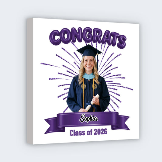 Personalized graduation photo canvas print with custom name and Class of 2026 text for graduate gift