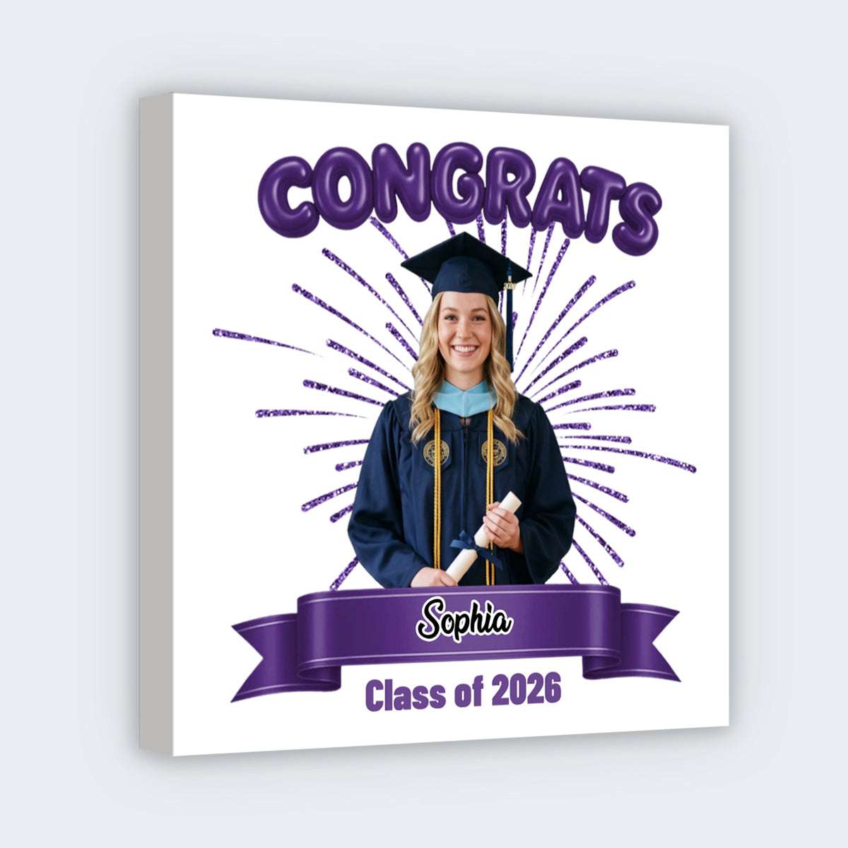 Personalized graduation photo canvas print with custom name and Class of 2026 text for graduate gift