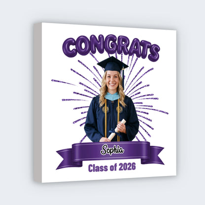 Personalized graduation photo canvas print with custom name and Class of 2026 text for graduate gift