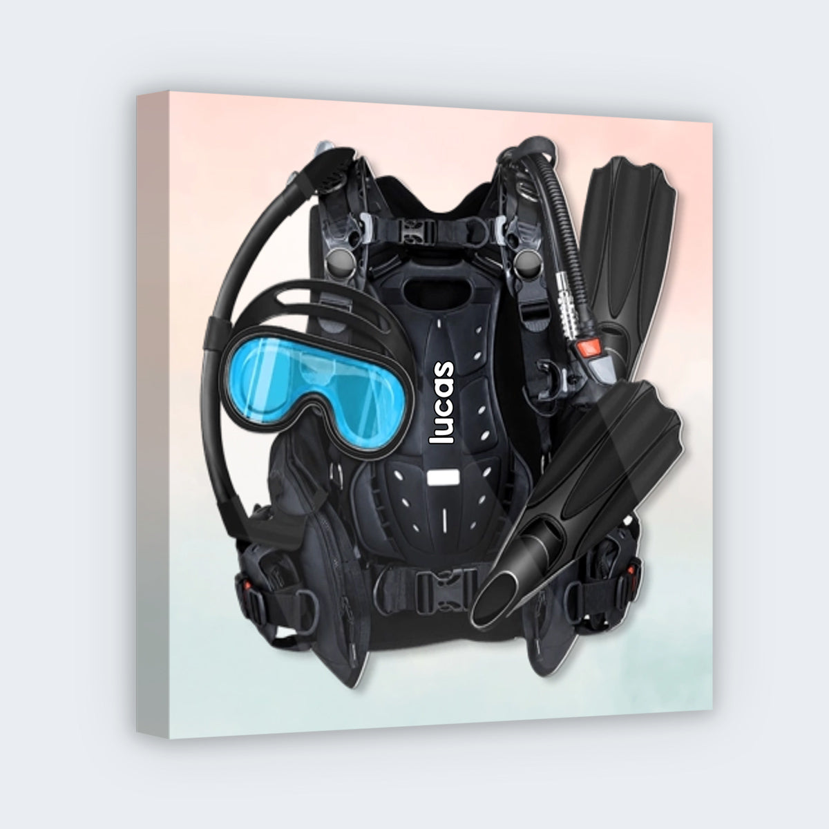 Personalized scuba diving canvas print featuring custom diver gear and name graphic for scuba lovers