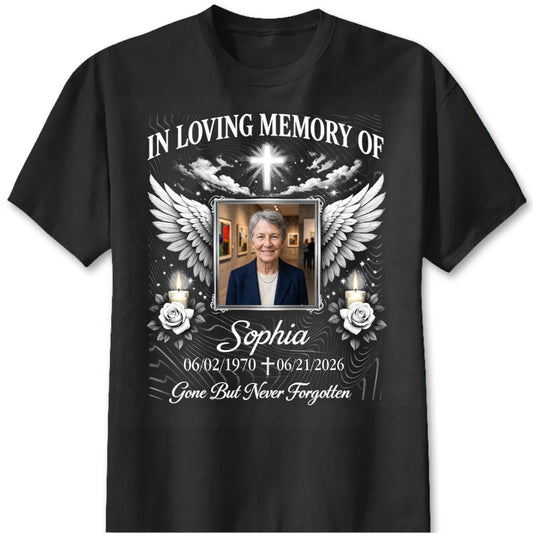 Custom memorial photo shirt with angel wings and cross in loving memory remembrance gift
