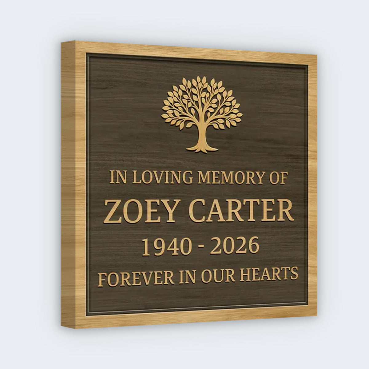Custom memorial canvas with faux wood plaque style print and text reading forever in our hearts