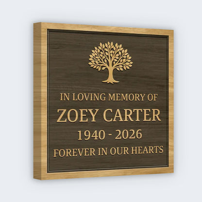 Custom memorial canvas with faux wood plaque style print and text reading forever in our hearts