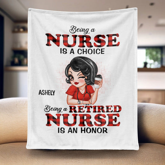 Personalized nurse retirement gift blanket with custom character and quote for retired nurses