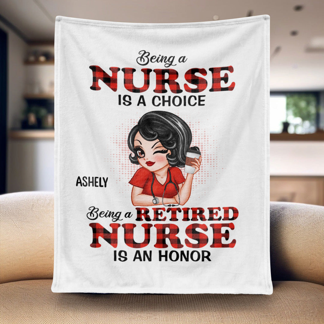 Personalized nurse retirement gift blanket with custom character and quote for retired nurses