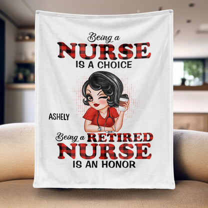 Personalized nurse retirement gift blanket with custom character and quote for retired nurses