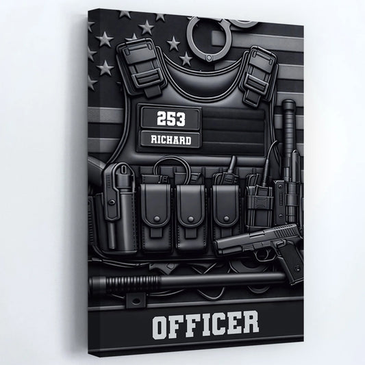 Custom police canvas art featuring a detailed tactical vest design and personalized officer name plate