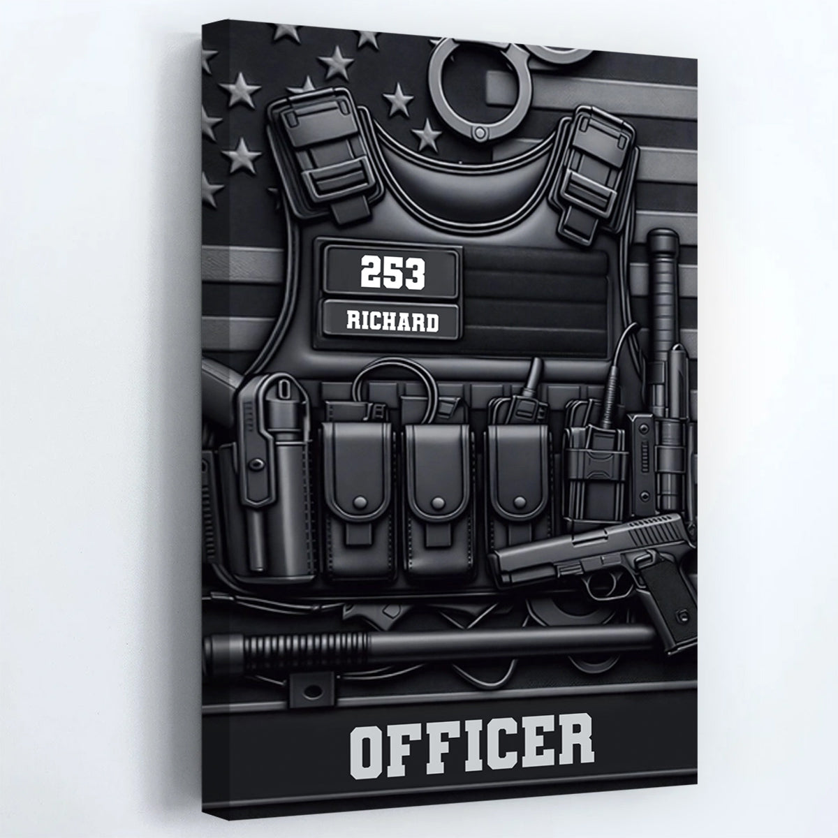 Custom police canvas art featuring a detailed tactical vest design and personalized officer name plate