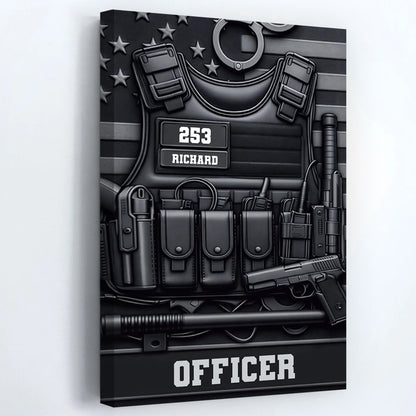 Custom police canvas art featuring a detailed tactical vest design and personalized officer name plate