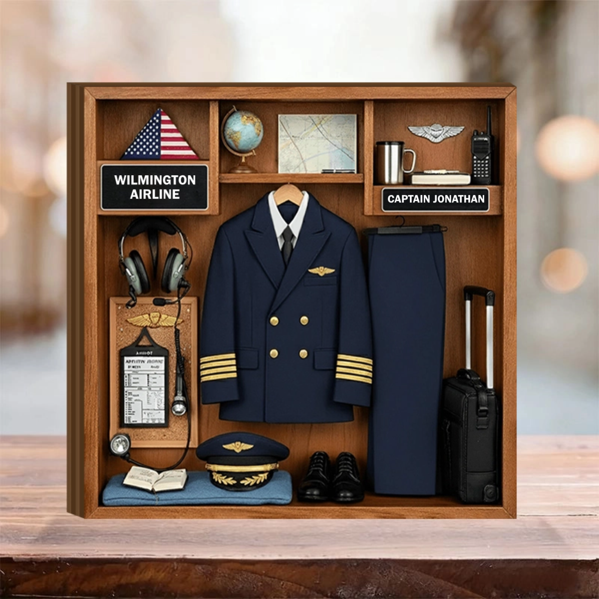 Custom pilot uniform wooden ornament with personalized captain name and airline plaque for aviation career gifts