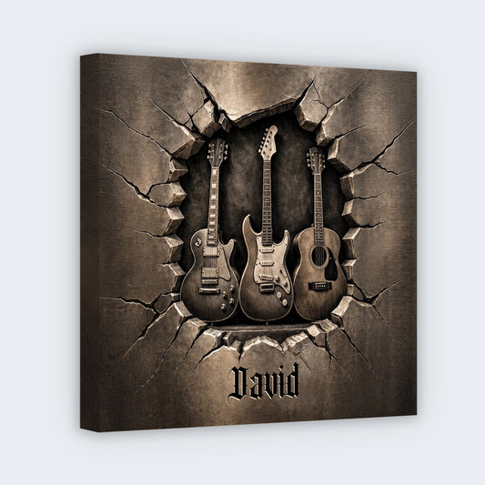 Personalized music gifts canvas print wall art featuring custom name and three guitars in broken wall design