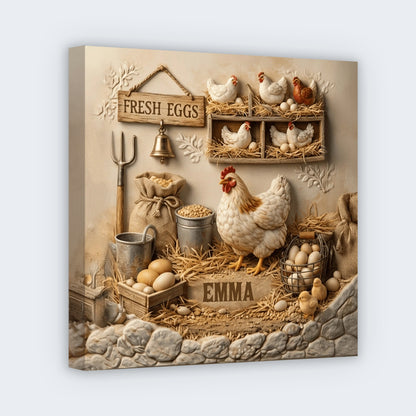 Personalized farmhouse canvas sign featuring a rustic hen nest and Fresh Eggs message, custom kitchen gift for Grandma