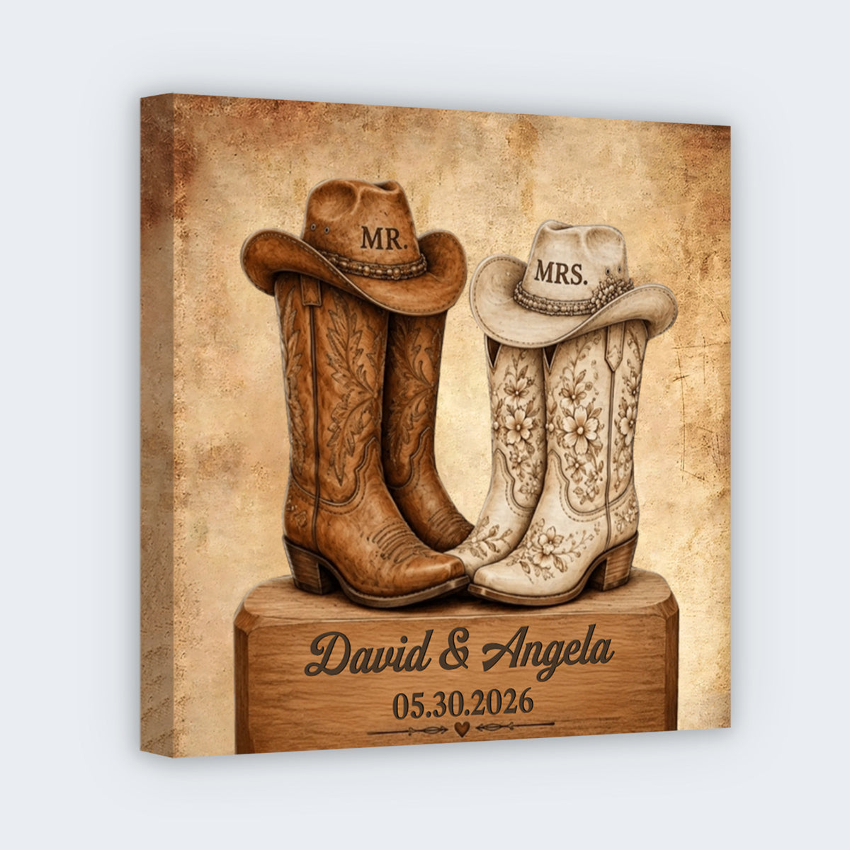 Custom Cowboy Boots Square Canvas - Personalized Western Wedding Wall Art Gift