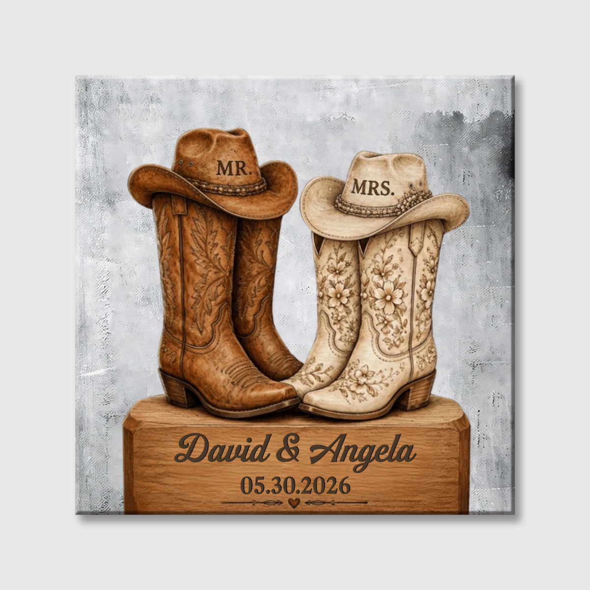 Custom Cowboy Boots Square Canvas - Personalized Western Wedding Wall Art Gift