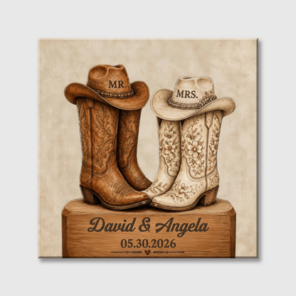 Custom Cowboy Boots Square Canvas - Personalized Western Wedding Wall Art Gift