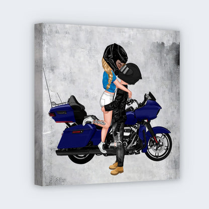 Kissing Couple Motorcycle Personalized Square Canvas - Custom Gift for Anniversary Wall Art