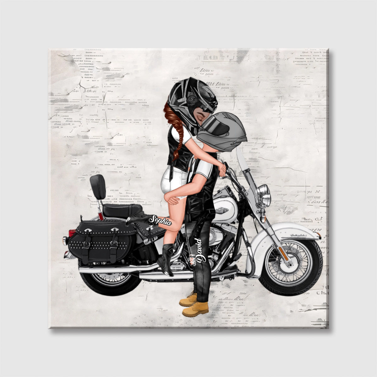 Kissing Couple Motorcycle Personalized Square Canvas - Custom Gift for Anniversary Wall Art
