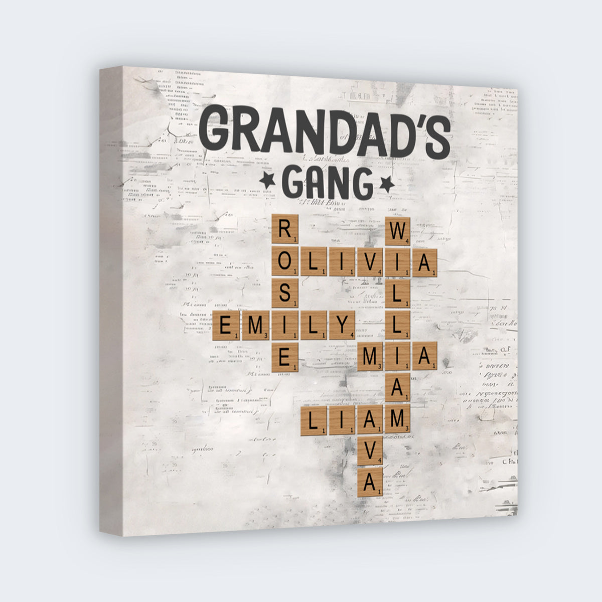 Custom family crossword canvas print titled Grandad's Gang with personalized wooden letter tile design