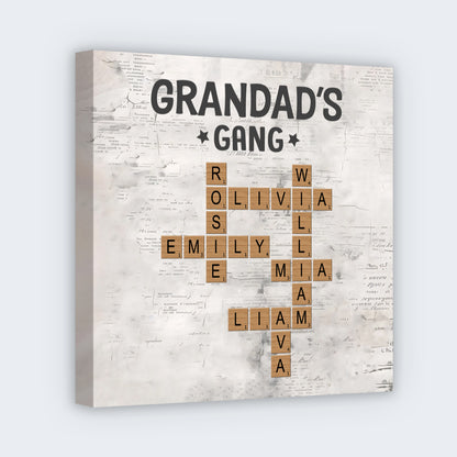 Custom family crossword canvas print titled Grandad's Gang with personalized wooden letter tile design