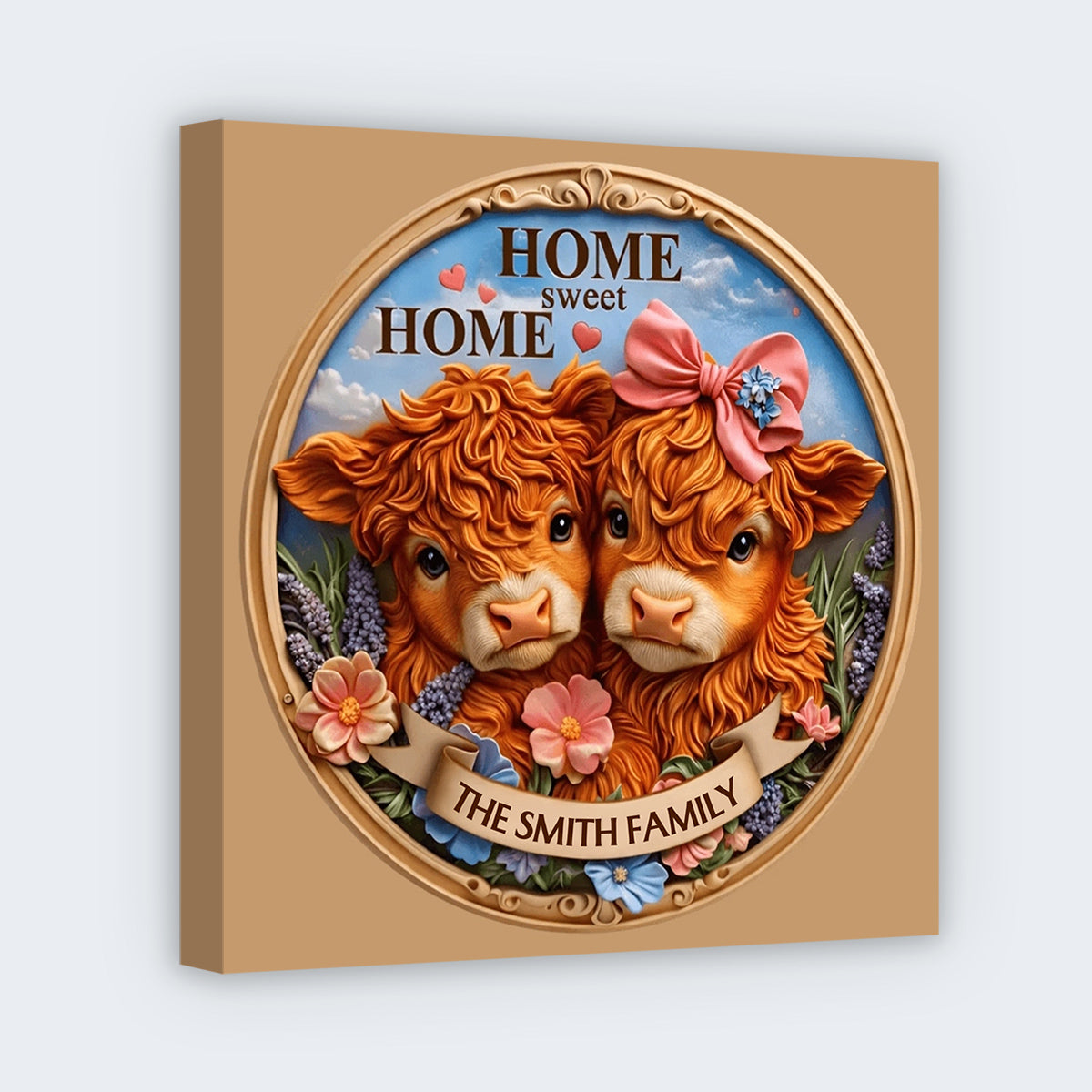 Home Sweet Home With Cows And Flowers - Personalized Custom Square Canvas