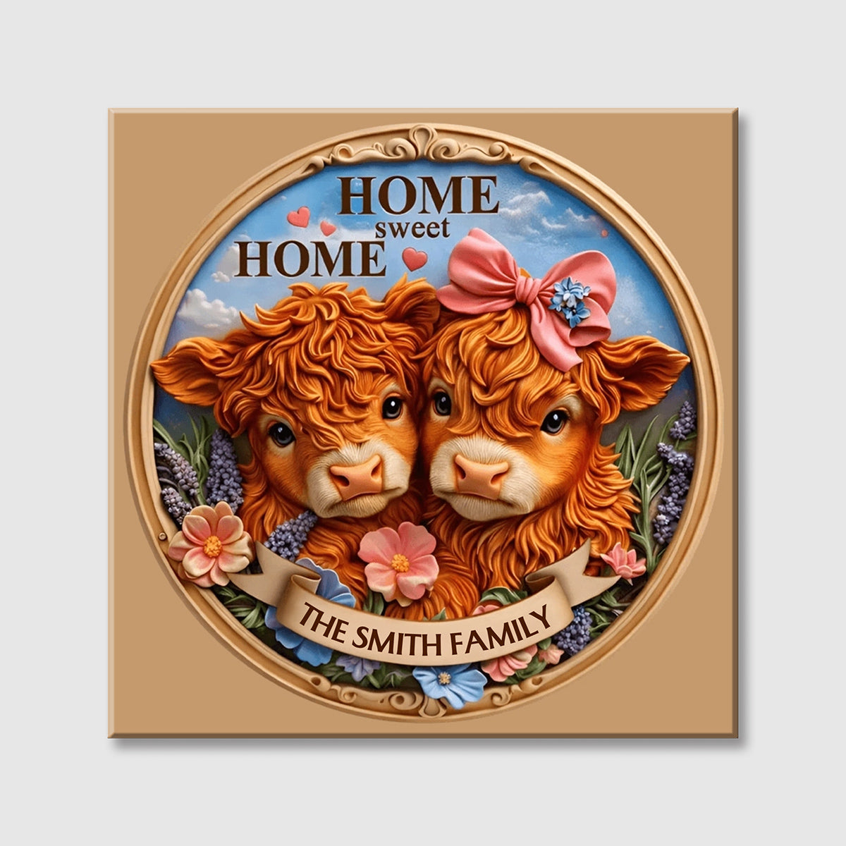 Home Sweet Home With Cows And Flowers - Personalized Custom Square Canvas