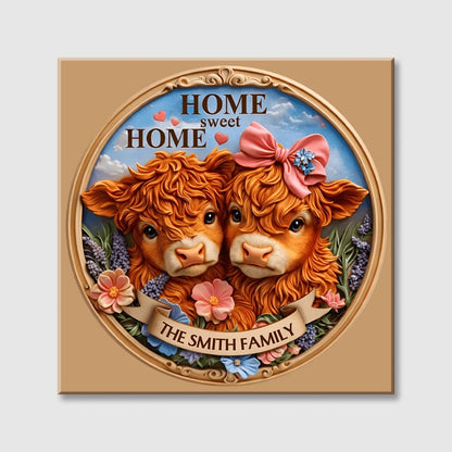Home Sweet Home With Cows And Flowers - Personalized Custom Square Canvas