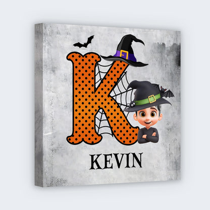 Personalized kids Halloween canvas art featuring custom monogram letter with spooky witch hat design for fall decor