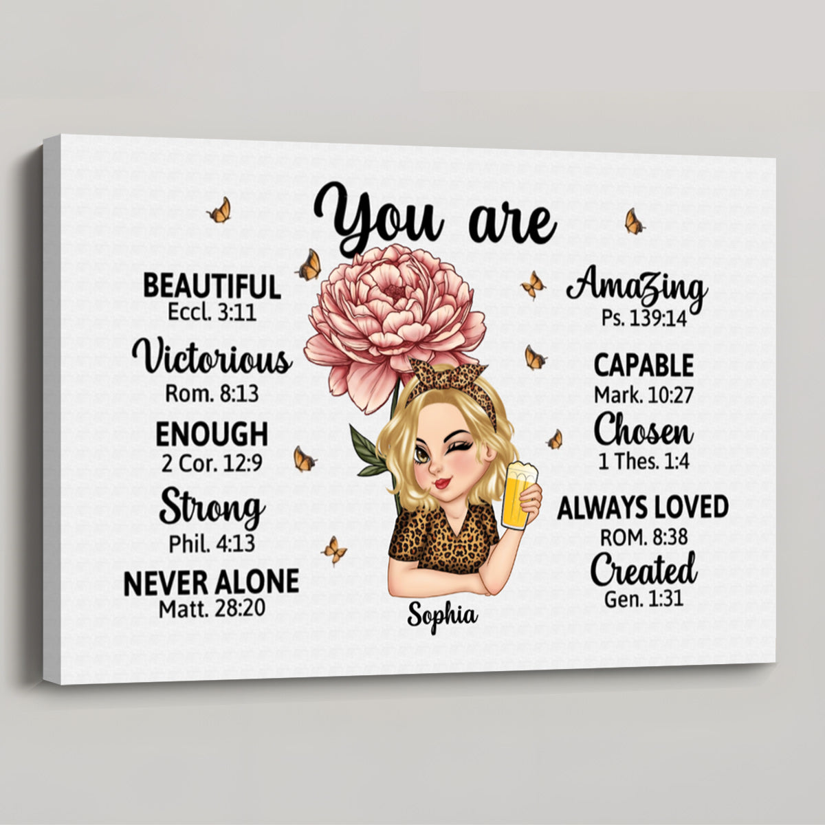 Custom birth month flower canvas wall art print with personalized girl illustration and inspirational scripture quotes