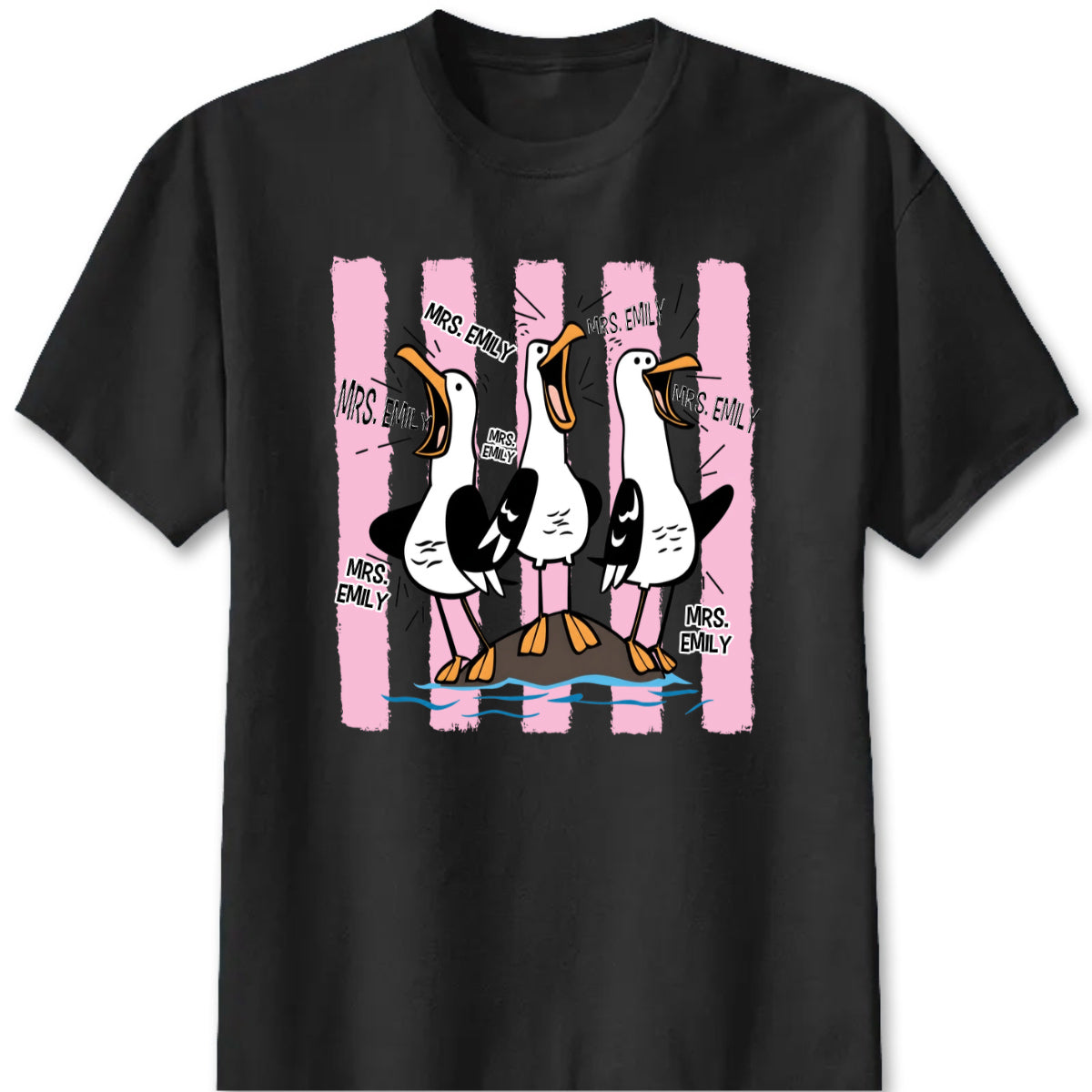 Custom teacher goose t-shirt featuring funny squawking seagulls with personalized teacher name for school gift