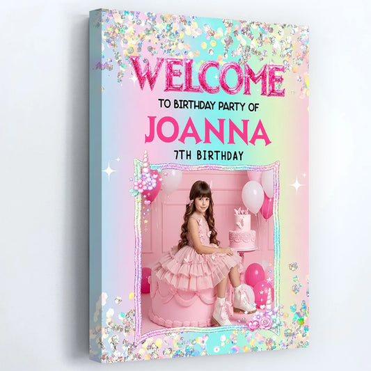 Fairytale Princess Welcome to the Party Sign - Personalized Birthday Canvas / Poster for Kids with Custom Photo