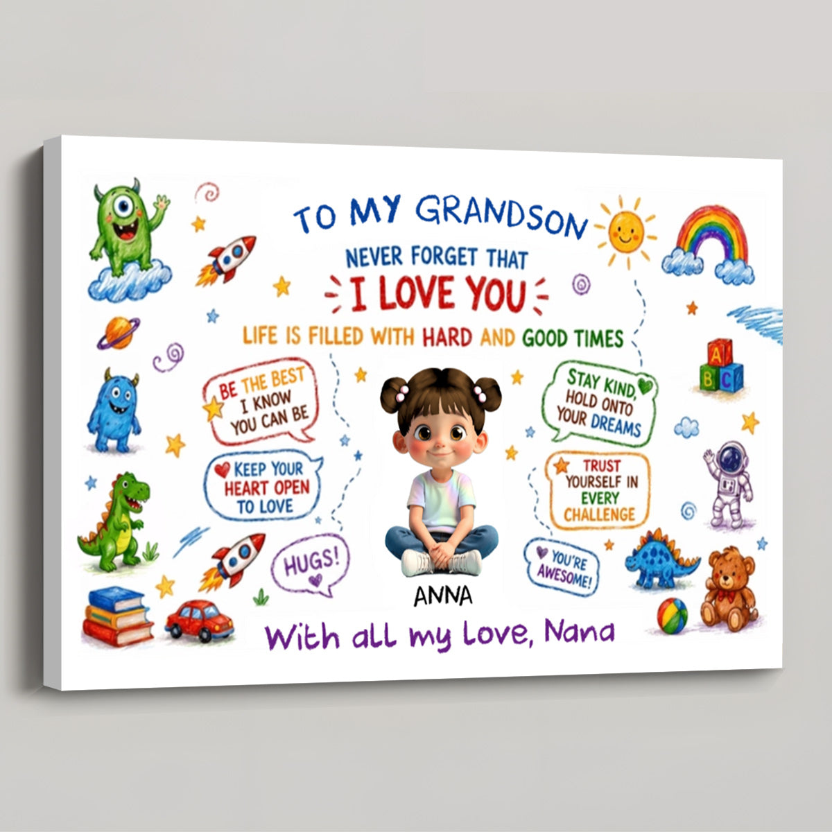 Personalized grandson poster with cute little boy doodles and a motivational love message from Nana