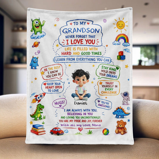 Personalized grandson blanket featuring cute crayon art drawings and unconditional love message from Nana