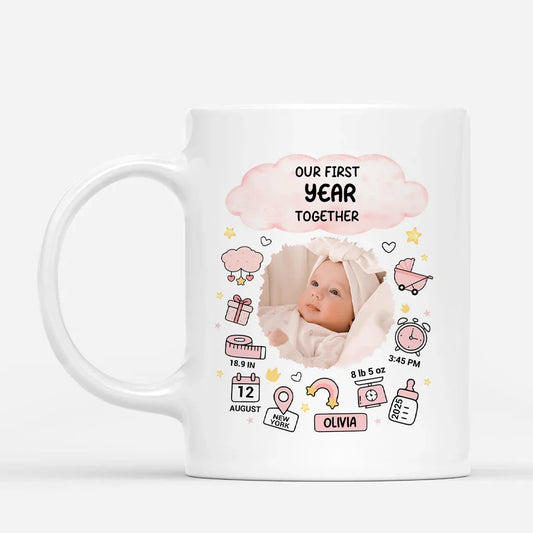 Personalized baby birth stats mug with custom photo print and newborn details - unique first Christmas gift for new parents