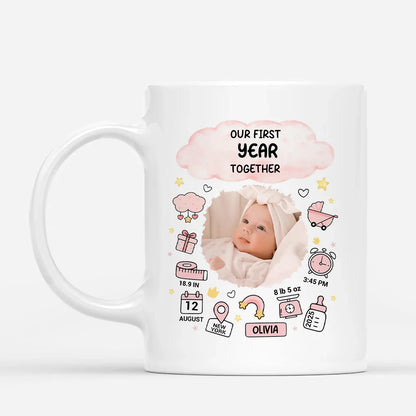 Personalized baby birth stats mug with custom photo print and newborn details - unique first Christmas gift for new parents