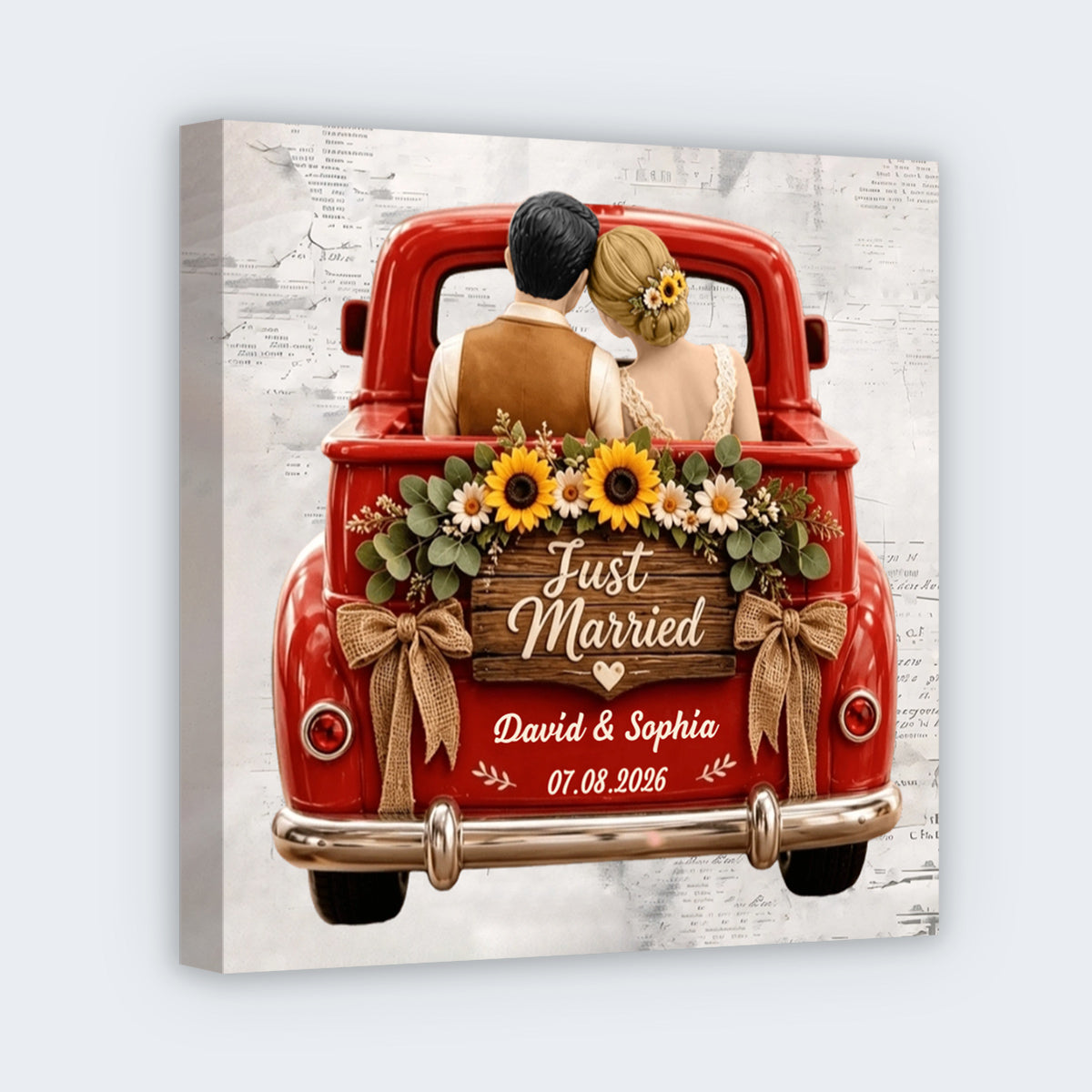 Personalized Just Married Truck Square Canvas - Custom Wedding Gift for Husband Wife