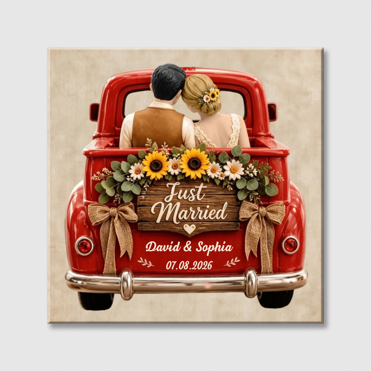 Personalized Just Married Truck Square Canvas - Custom Wedding Gift for Husband Wife