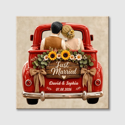 Personalized Just Married Truck Square Canvas - Custom Wedding Gift for Husband Wife