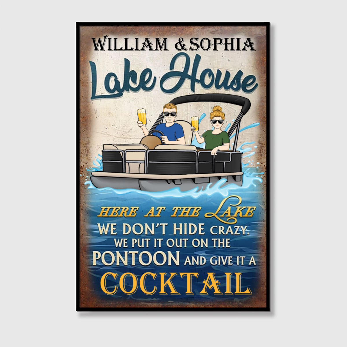 Here At The Lake Pontoon Husband Wife - Personalized Custom Lake House Poster / Canvas